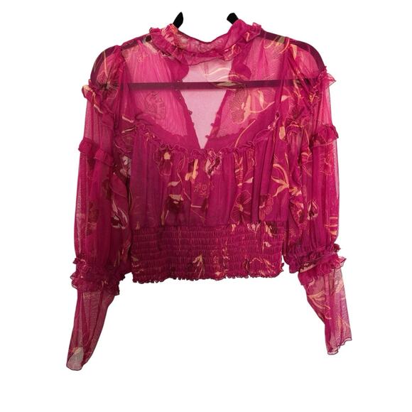 Free People Time For Shine Mesh Cropped Smocked Pink Purple Floral Blouse Top L - Picture 7 of 11